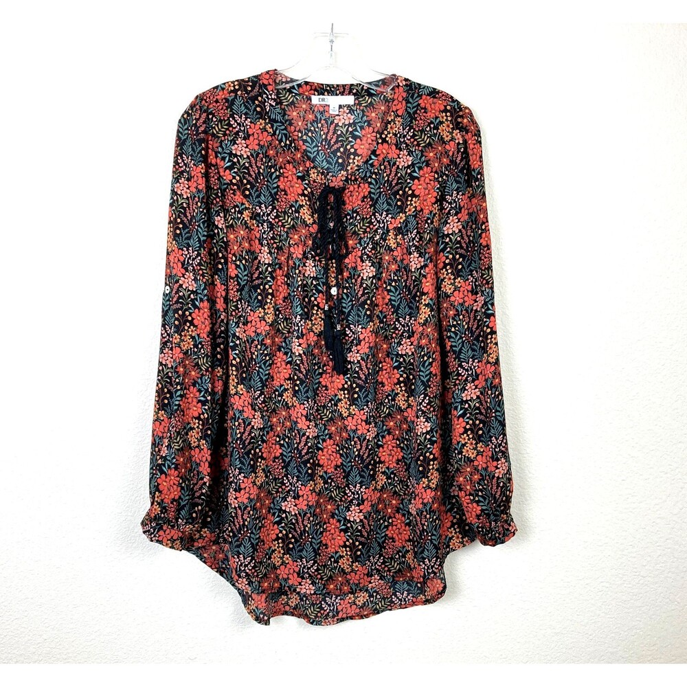 DR2 Popover Peasant Tunic Blouse Women's Size M Dark Floral Boho CottageCore
